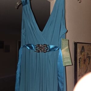 Teal Sleeveless Dress with Embellished Waist